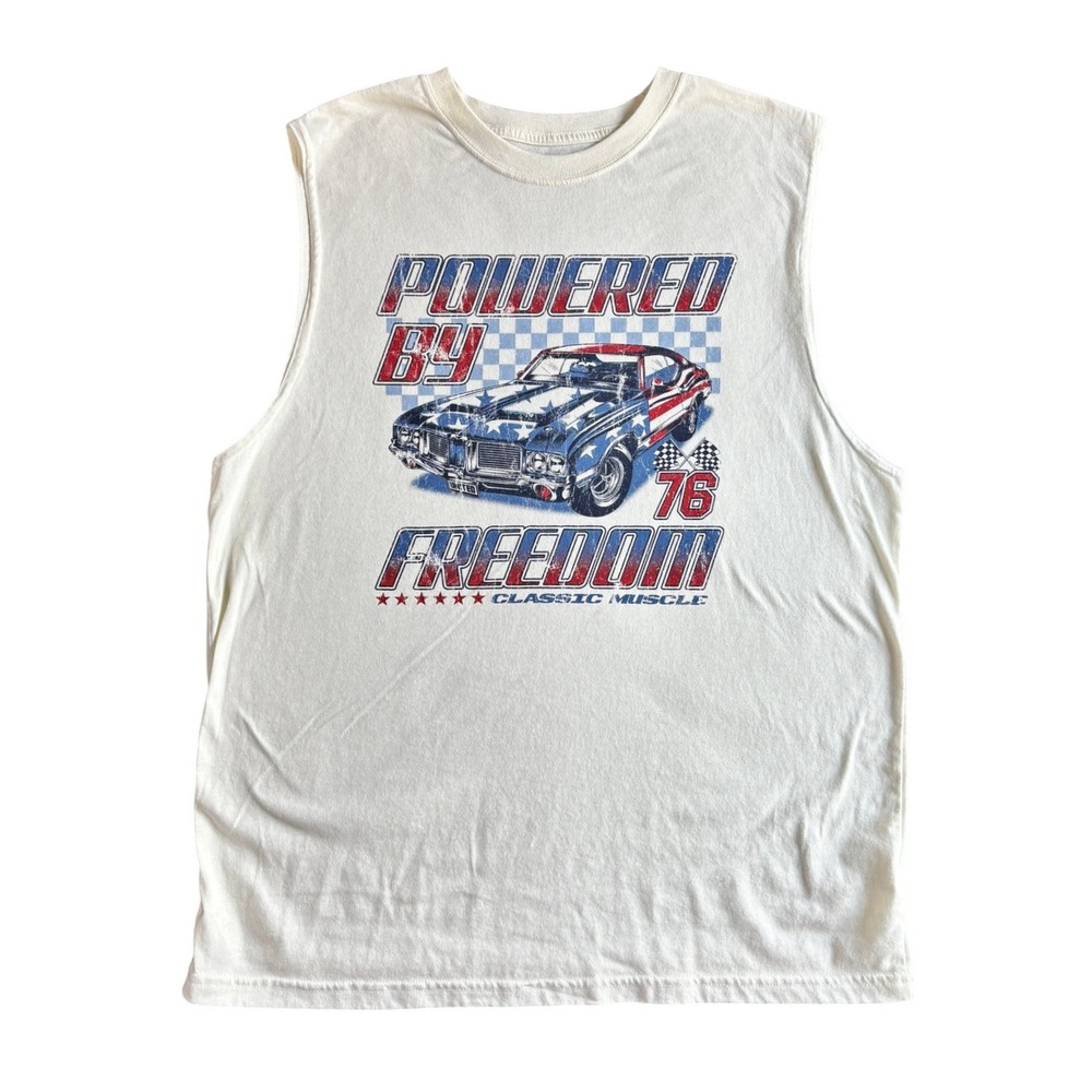 Celebrate Patriotic Mens Muscle Tank Top Off White Powered By‎ Freedom Car Large